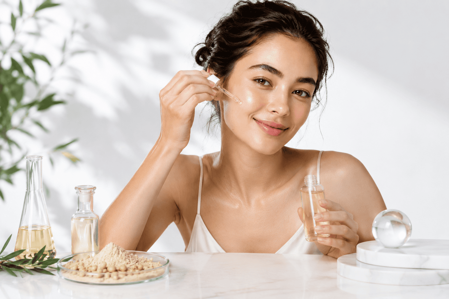 Woman applying serum featuring fermentation-derived Bacillus subtilis biotech skincare active