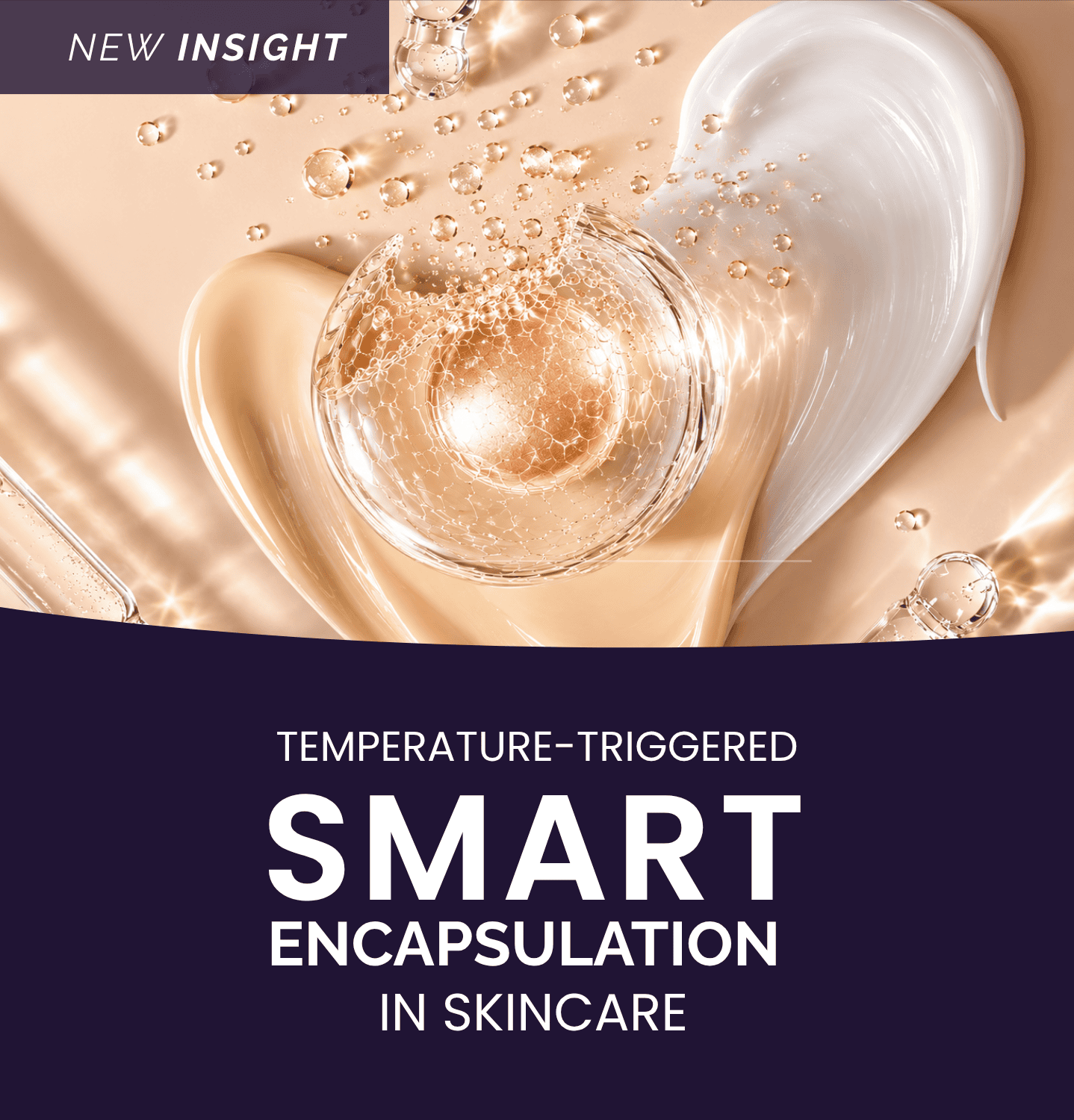 3D illustration of temperature-triggered smart encapsulation technology for skincare, showing a cosmetic active encapsulated in a transparent capsule releasing ingredients into a cream formulation.